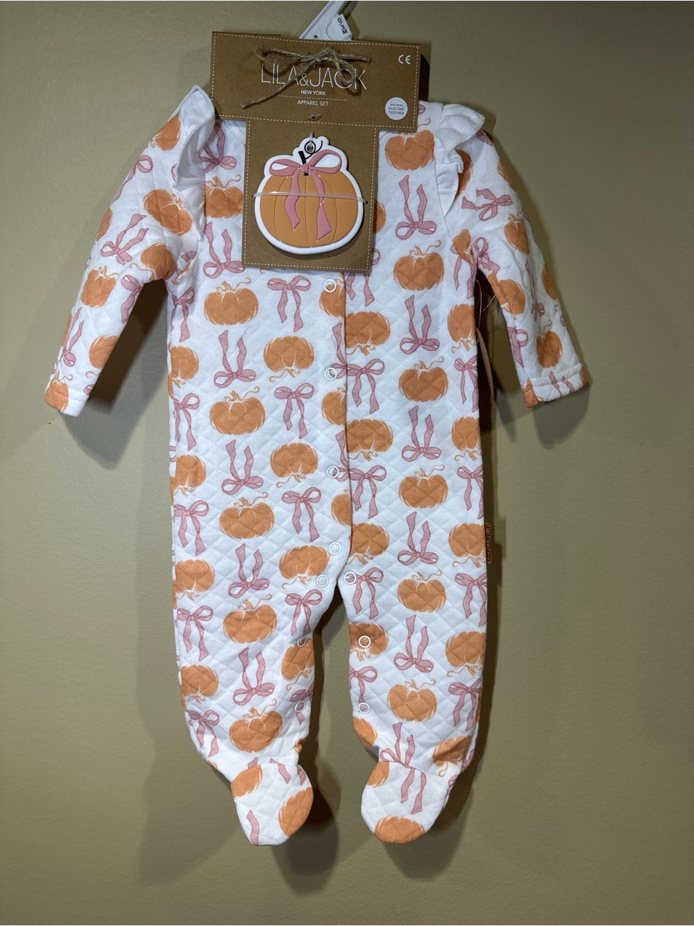 Lila & Jack White Quilted Footed One-Piece with Orange Pumpkin & Pink Bow